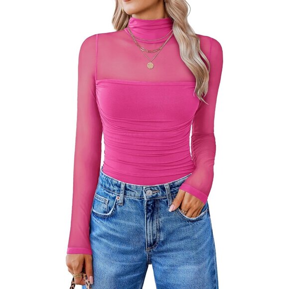 Other - Women's Rose Red Long Sleeve Bodysuit Turtle Neck Mesh One Piece Shirt Shapewear